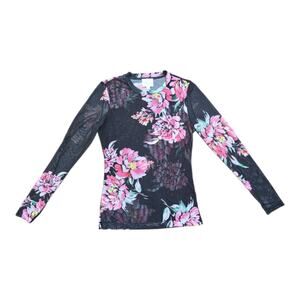 Jade by Johnny Was Natalie Mesh Long Sleeve Top Floral Sheer Mock Neck Size S